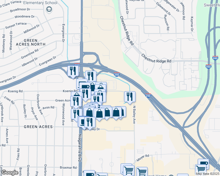 map of restaurants, bars, coffee shops, grocery stores, and more near 4030 Ridge Lea Road in Buffalo
