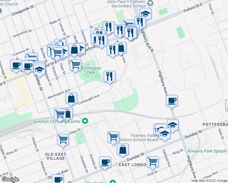 map of restaurants, bars, coffee shops, grocery stores, and more near 165 Connaught Avenue in London
