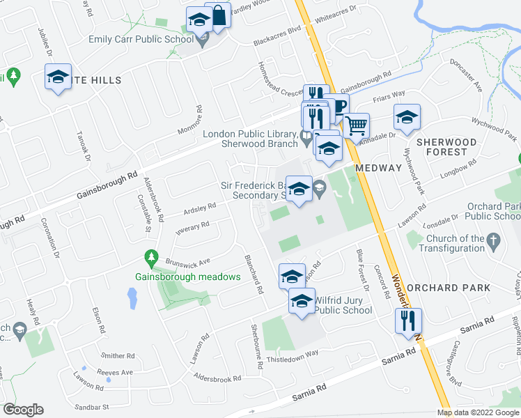 map of restaurants, bars, coffee shops, grocery stores, and more near 1290 Limberlost Road in London