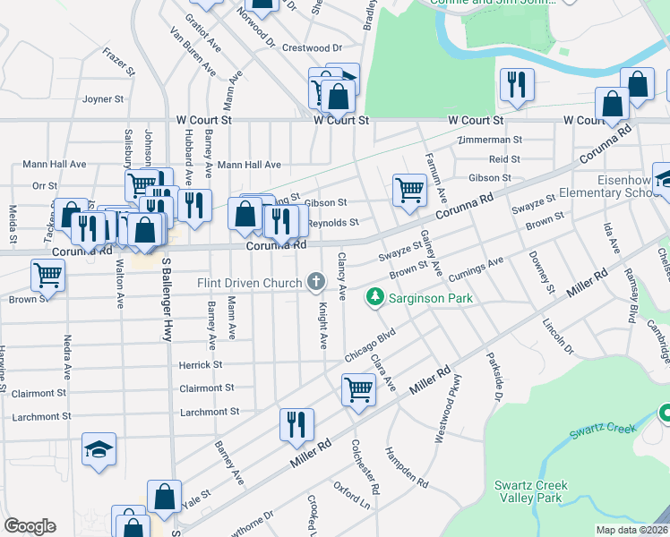 map of restaurants, bars, coffee shops, grocery stores, and more near 1119 Knight Avenue in Flint