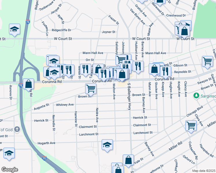 map of restaurants, bars, coffee shops, grocery stores, and more near 3801 Corunna Road in Flint