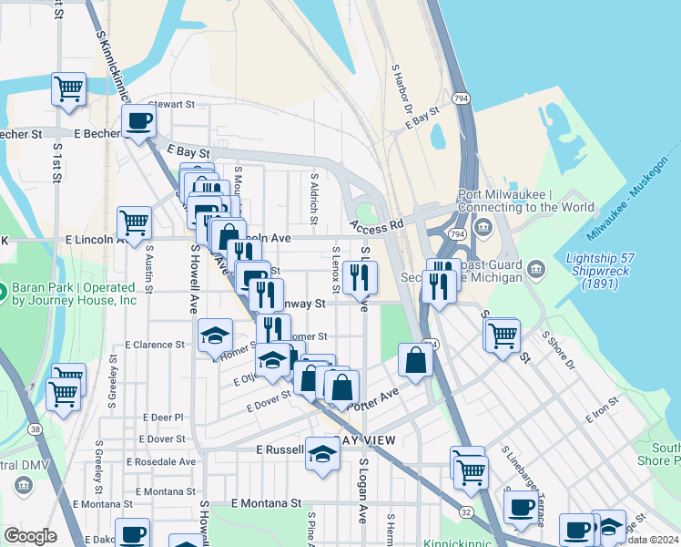 map of restaurants, bars, coffee shops, grocery stores, and more near 832 East Linus Street in Milwaukee