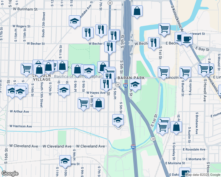 map of restaurants, bars, coffee shops, grocery stores, and more near 2335 South 5th Place in Milwaukee