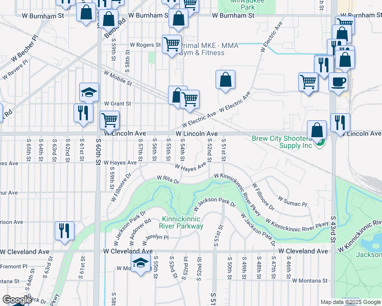 map of restaurants, bars, coffee shops, grocery stores, and more near 2330 South 54th Street in West Allis