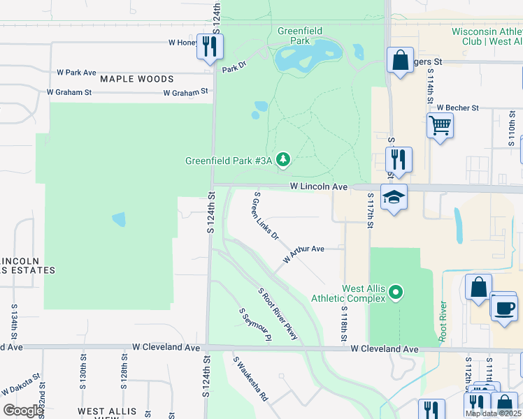 map of restaurants, bars, coffee shops, grocery stores, and more near 2340 South Green Links Drive in West Allis