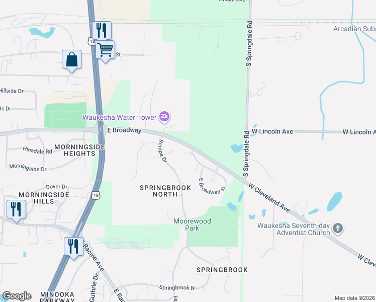 map of restaurants, bars, coffee shops, grocery stores, and more near 2016 Stonehaven Court in Waukesha