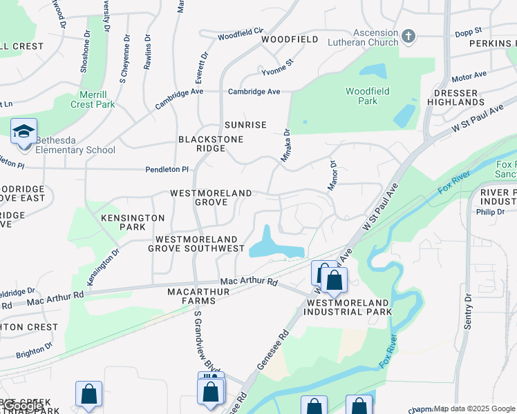 map of restaurants, bars, coffee shops, grocery stores, and more near 2115 Kensington Drive in Waukesha