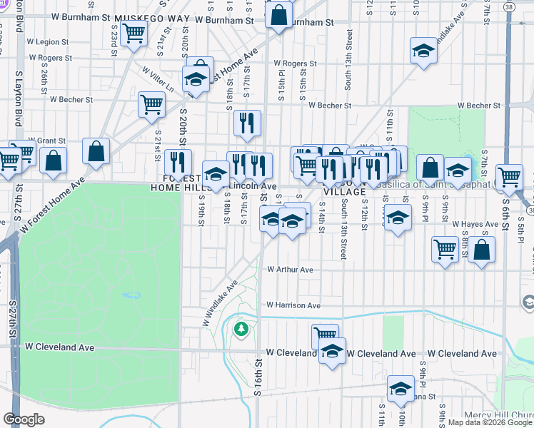 map of restaurants, bars, coffee shops, grocery stores, and more near 2338 South 16th Street in Milwaukee