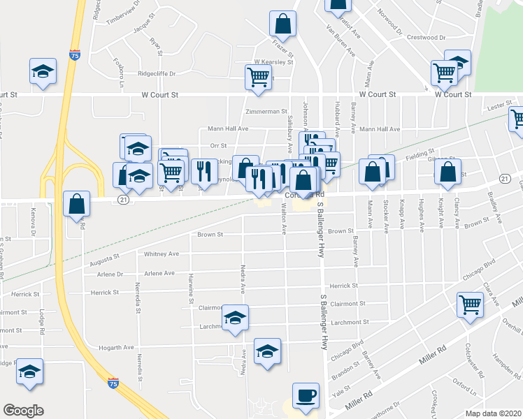 map of restaurants, bars, coffee shops, grocery stores, and more near 3906 Augusta Street in Flint