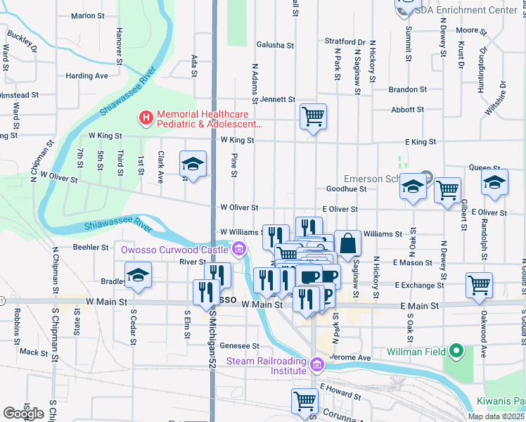 map of restaurants, bars, coffee shops, grocery stores, and more near 319 West Oliver Street in Owosso