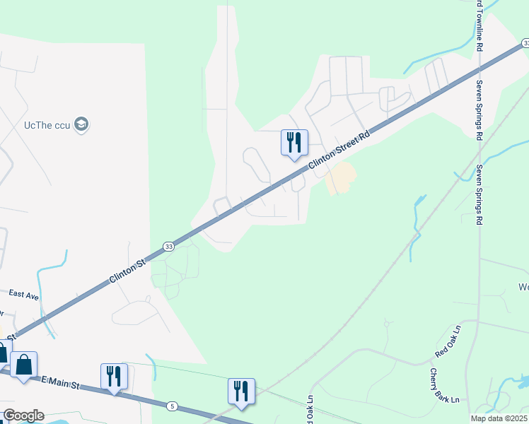 map of restaurants, bars, coffee shops, grocery stores, and more near 5066 Clinton Street Road in Batavia