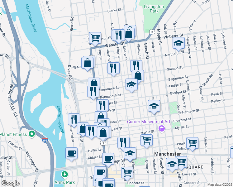 map of restaurants, bars, coffee shops, grocery stores, and more near 46 Pennacook Street in Manchester