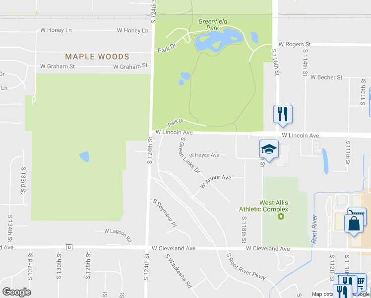 map of restaurants, bars, coffee shops, grocery stores, and more near 2340 South Green Links Drive in West Allis
