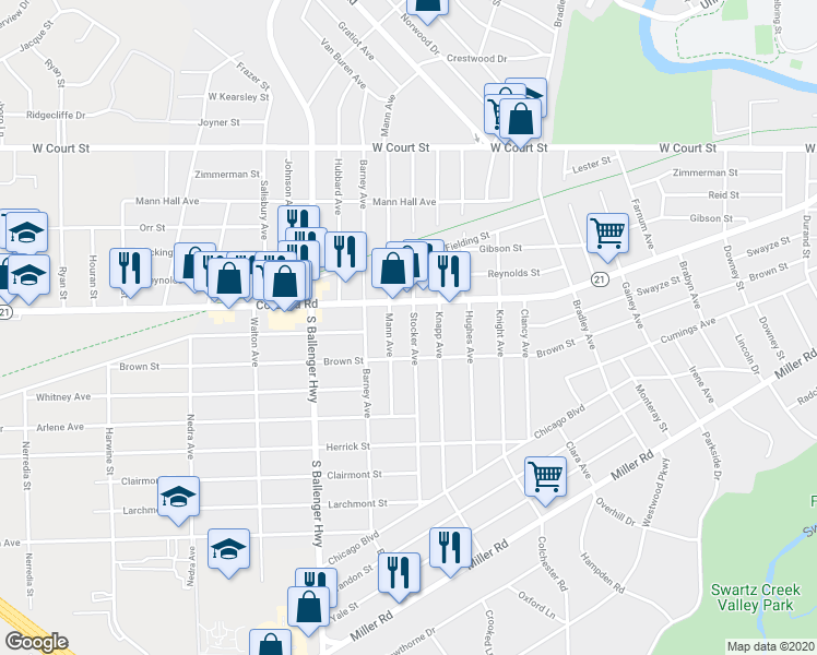 map of restaurants, bars, coffee shops, grocery stores, and more near 1122 Stocker Avenue in Flint