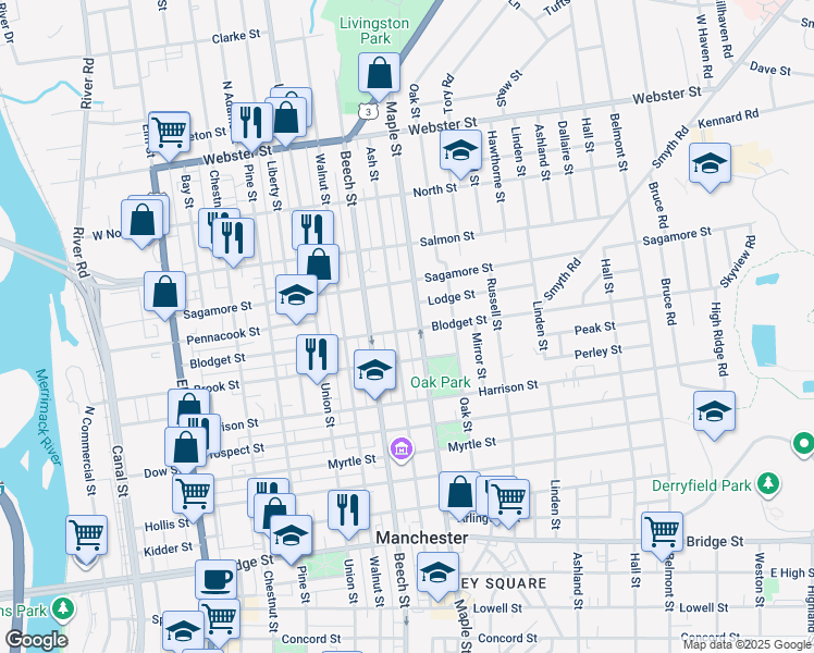 map of restaurants, bars, coffee shops, grocery stores, and more near 218 Blodget Street in Manchester