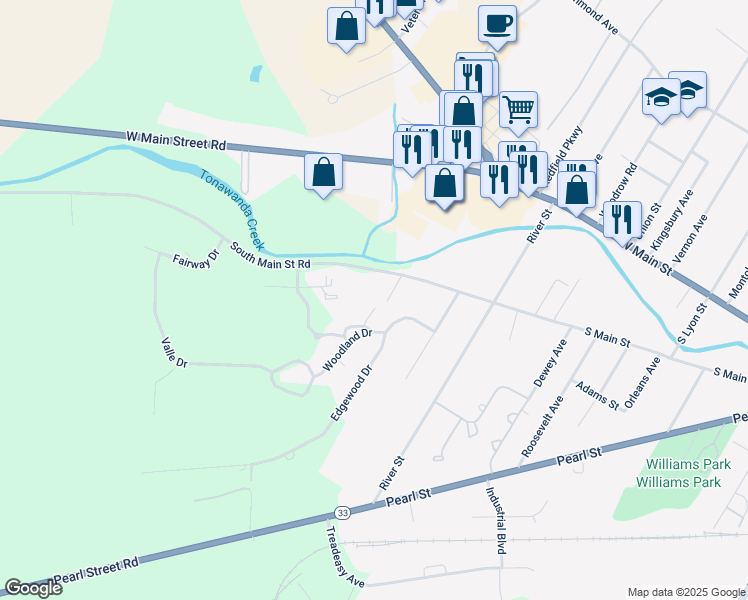 map of restaurants, bars, coffee shops, grocery stores, and more near 4096 South Main Street Road in Batavia