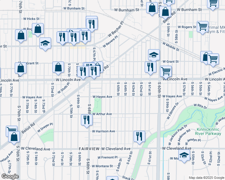 map of restaurants, bars, coffee shops, grocery stores, and more near 2336 South 66th Street in West Allis
