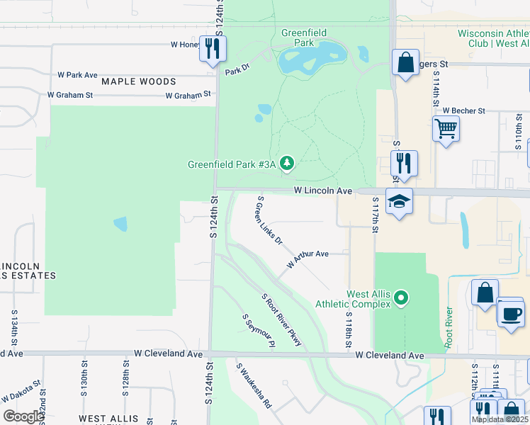 map of restaurants, bars, coffee shops, grocery stores, and more near 2340 South Green Links Drive in West Allis