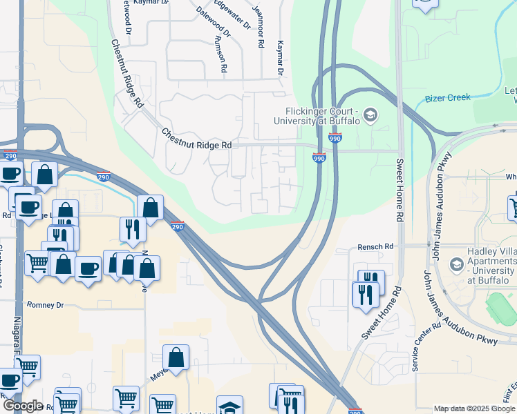 map of restaurants, bars, coffee shops, grocery stores, and more near 4615 Chestnut Ridge Road in Buffalo