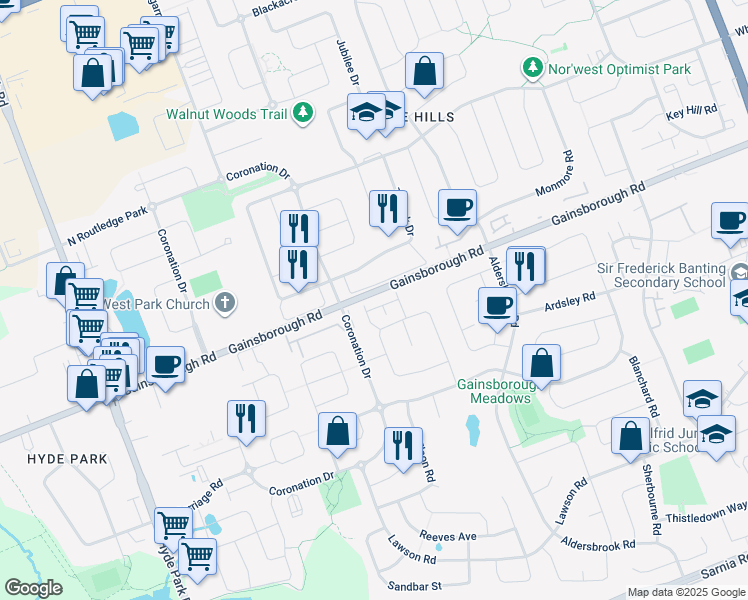 map of restaurants, bars, coffee shops, grocery stores, and more near 46 Gainsborough Road in London