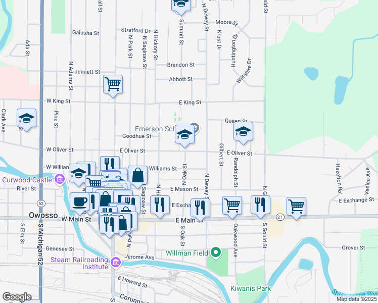map of restaurants, bars, coffee shops, grocery stores, and more near 515 East Oliver Street in Owosso