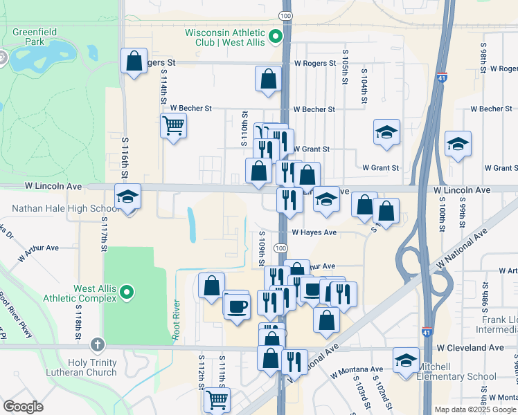 map of restaurants, bars, coffee shops, grocery stores, and more near 2323 South 109th Street in West Allis