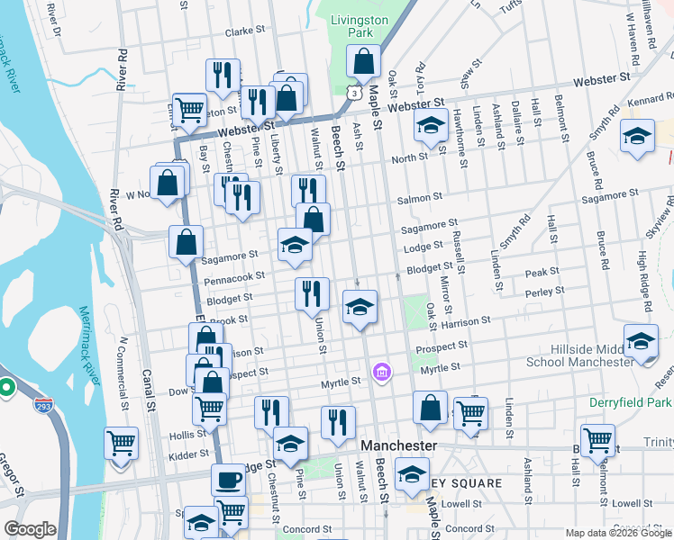 map of restaurants, bars, coffee shops, grocery stores, and more near 768 Beech Street in Manchester