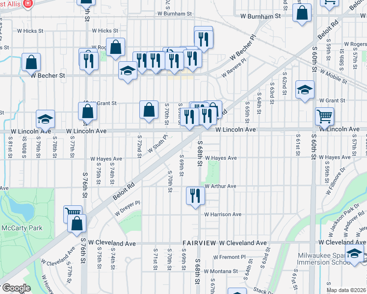 map of restaurants, bars, coffee shops, grocery stores, and more near 6857 Beloit Road in West Allis