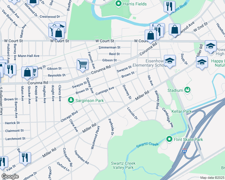 map of restaurants, bars, coffee shops, grocery stores, and more near 2418 Cumings Avenue in Flint