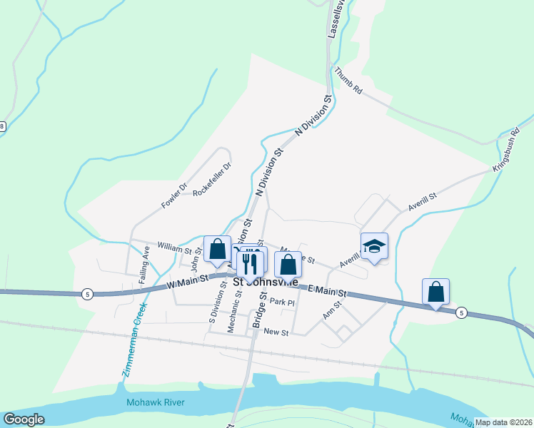 map of restaurants, bars, coffee shops, grocery stores, and more near 44 Center Street in Saint Johnsville