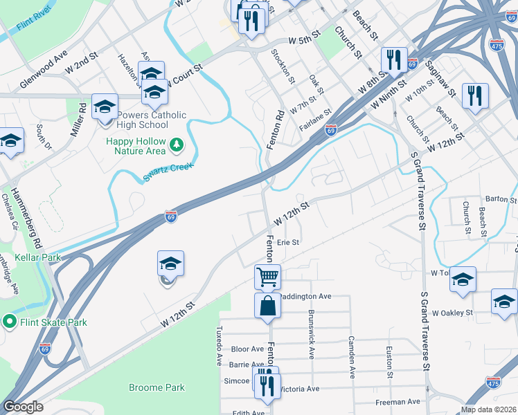 map of restaurants, bars, coffee shops, grocery stores, and more near 1708 Fenton Road in Flint