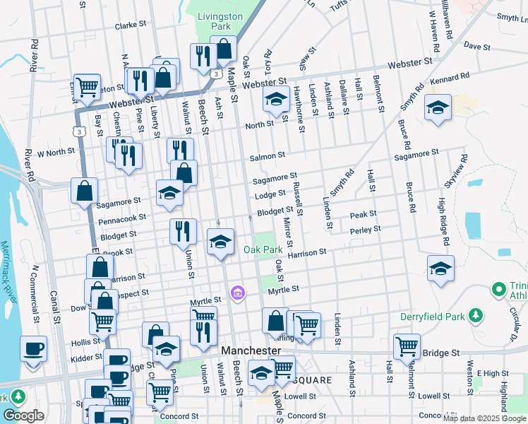 map of restaurants, bars, coffee shops, grocery stores, and more near 266 Blodget Street in Manchester