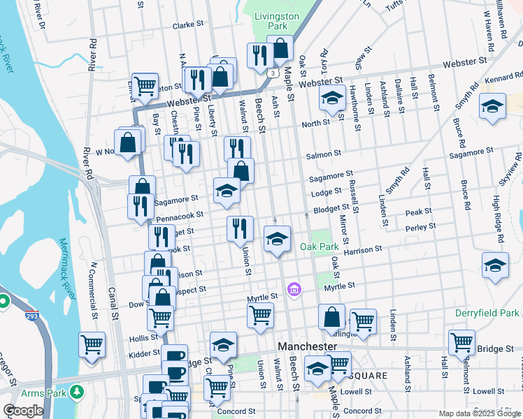 map of restaurants, bars, coffee shops, grocery stores, and more near 768 Beech Street in Manchester