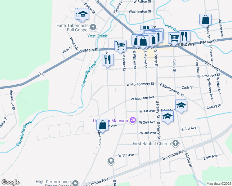 map of restaurants, bars, coffee shops, grocery stores, and more near 201 South Melcher Street in Johnstown