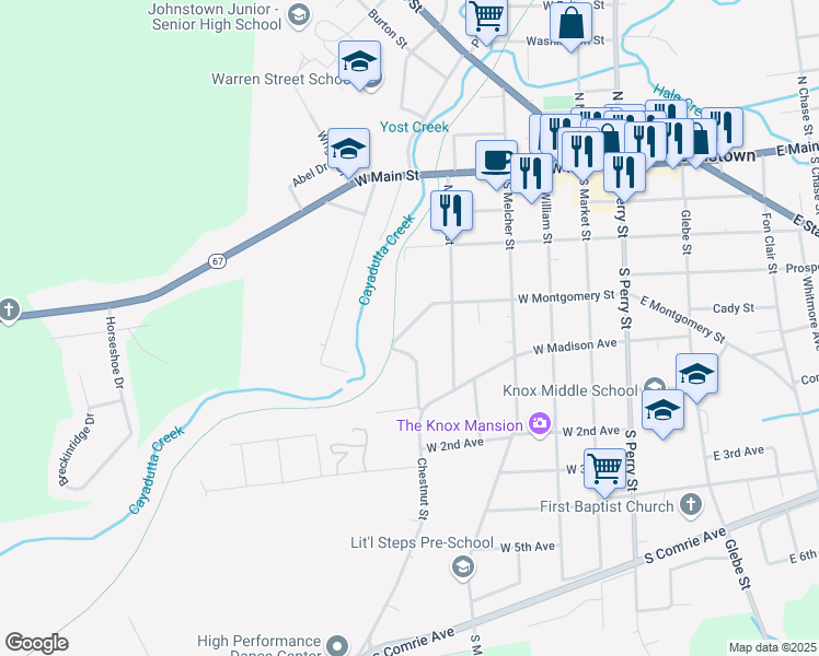 map of restaurants, bars, coffee shops, grocery stores, and more near 309 Meadow Street in Johnstown