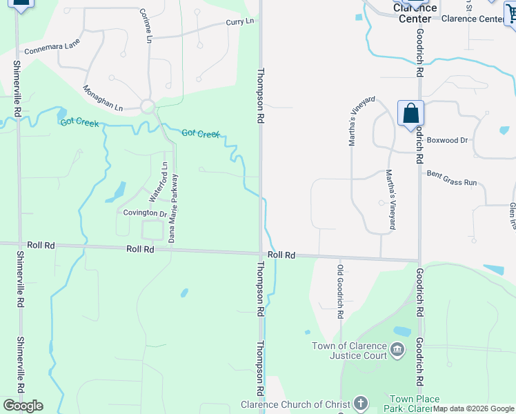 map of restaurants, bars, coffee shops, grocery stores, and more near 5670 Thompson Road in Clarence Center