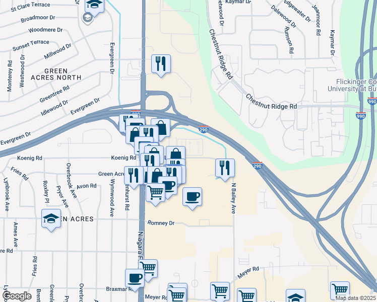 map of restaurants, bars, coffee shops, grocery stores, and more near 3948 Ridge Lea Road in Buffalo