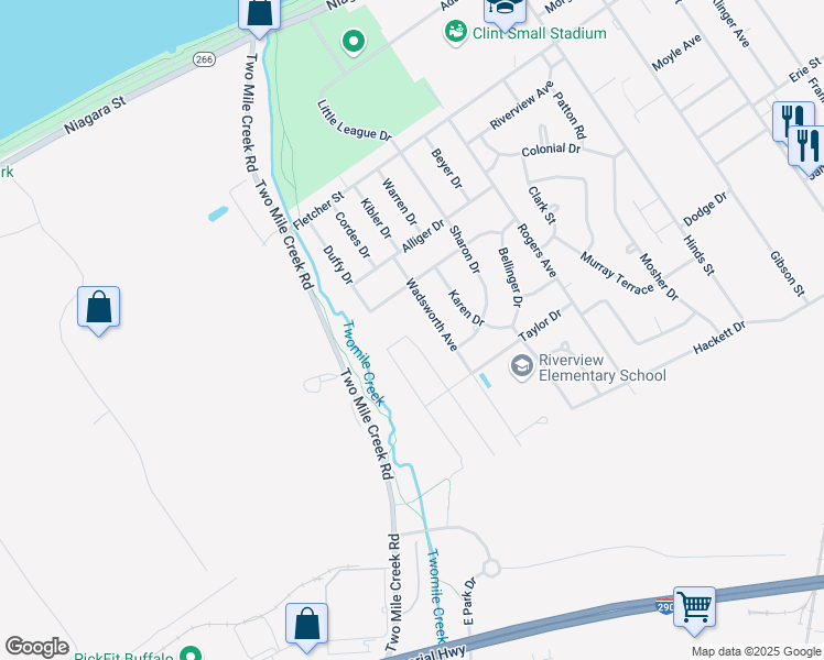 map of restaurants, bars, coffee shops, grocery stores, and more near 215 Brookside Terrace in Tonawanda