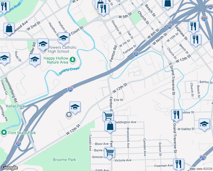 map of restaurants, bars, coffee shops, grocery stores, and more near 1708 Fenton Road in Flint