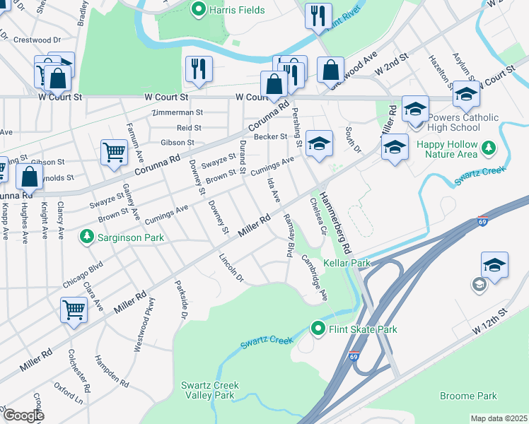 map of restaurants, bars, coffee shops, grocery stores, and more near 2002 Miller Road in Flint