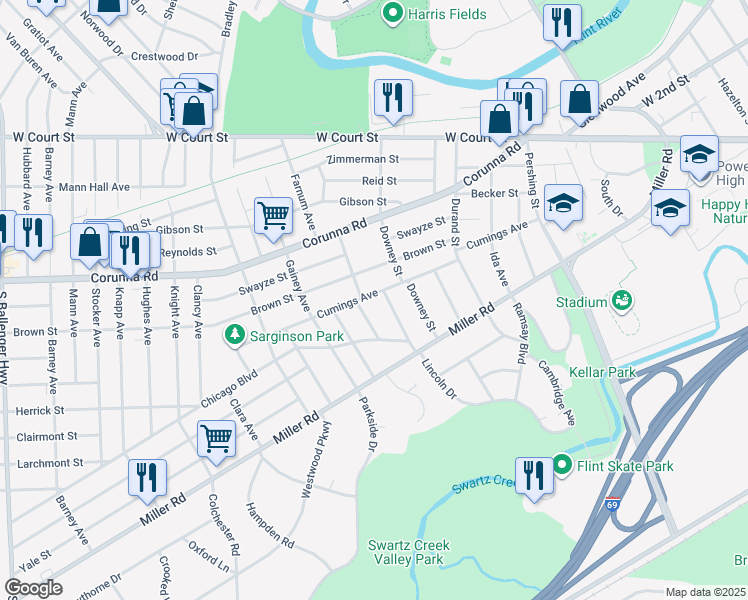 map of restaurants, bars, coffee shops, grocery stores, and more near 2418 Cumings Avenue in Flint