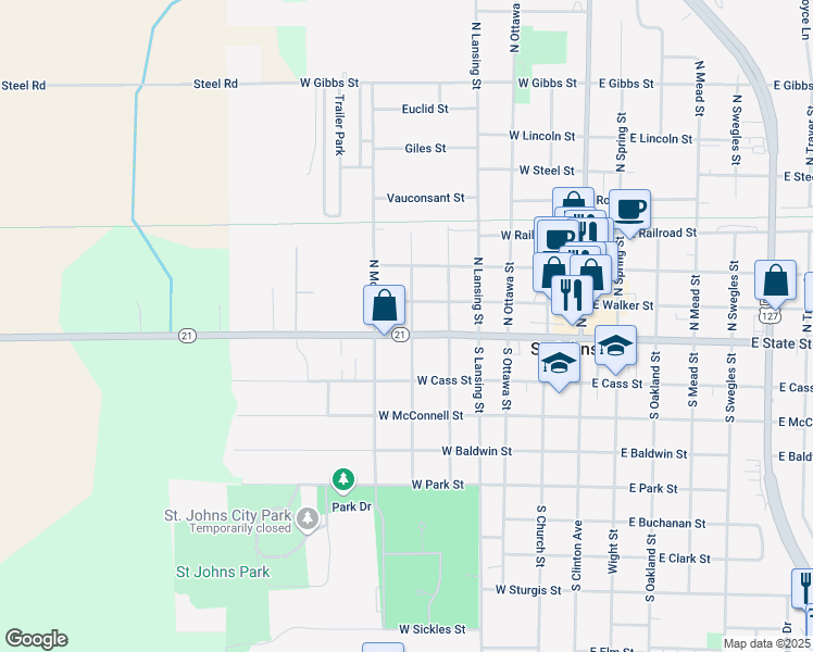 map of restaurants, bars, coffee shops, grocery stores, and more near 105 North Emmons Street in Saint Johns