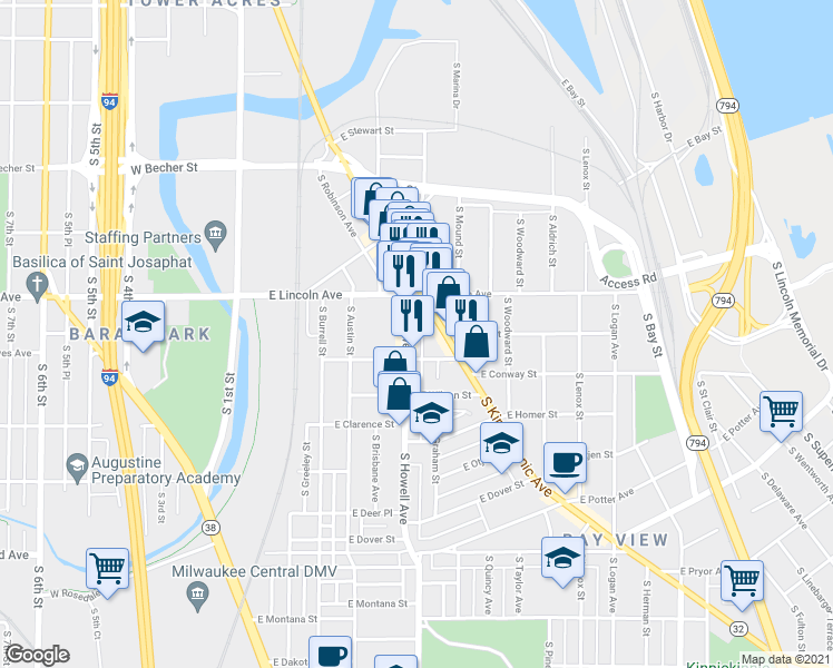 map of restaurants, bars, coffee shops, grocery stores, and more near 2342 South Howell Avenue in Milwaukee