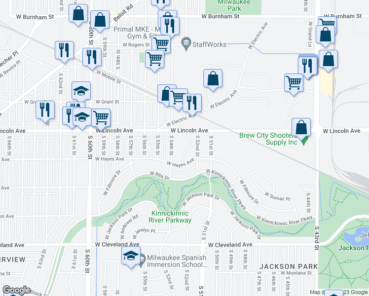 map of restaurants, bars, coffee shops, grocery stores, and more near 2330 South 54th Street in West Allis