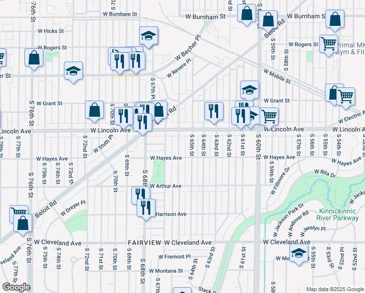 map of restaurants, bars, coffee shops, grocery stores, and more near 2336 South 66th Street in West Allis