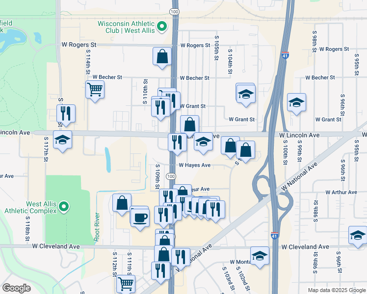 map of restaurants, bars, coffee shops, grocery stores, and more near 2320 South 107th Street in West Allis