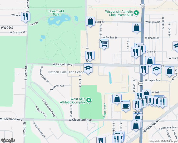 map of restaurants, bars, coffee shops, grocery stores, and more near 1205 South 117th Street in West Allis