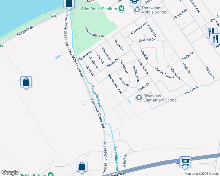 map of restaurants, bars, coffee shops, grocery stores, and more near 215 Brookside Terrace in Tonawanda