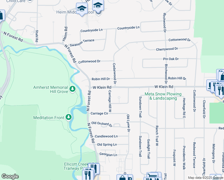 map of restaurants, bars, coffee shops, grocery stores, and more near 6 Carriage Hill West in Buffalo