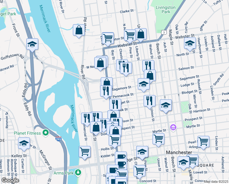 map of restaurants, bars, coffee shops, grocery stores, and more near 1650 Elm Street in Manchester